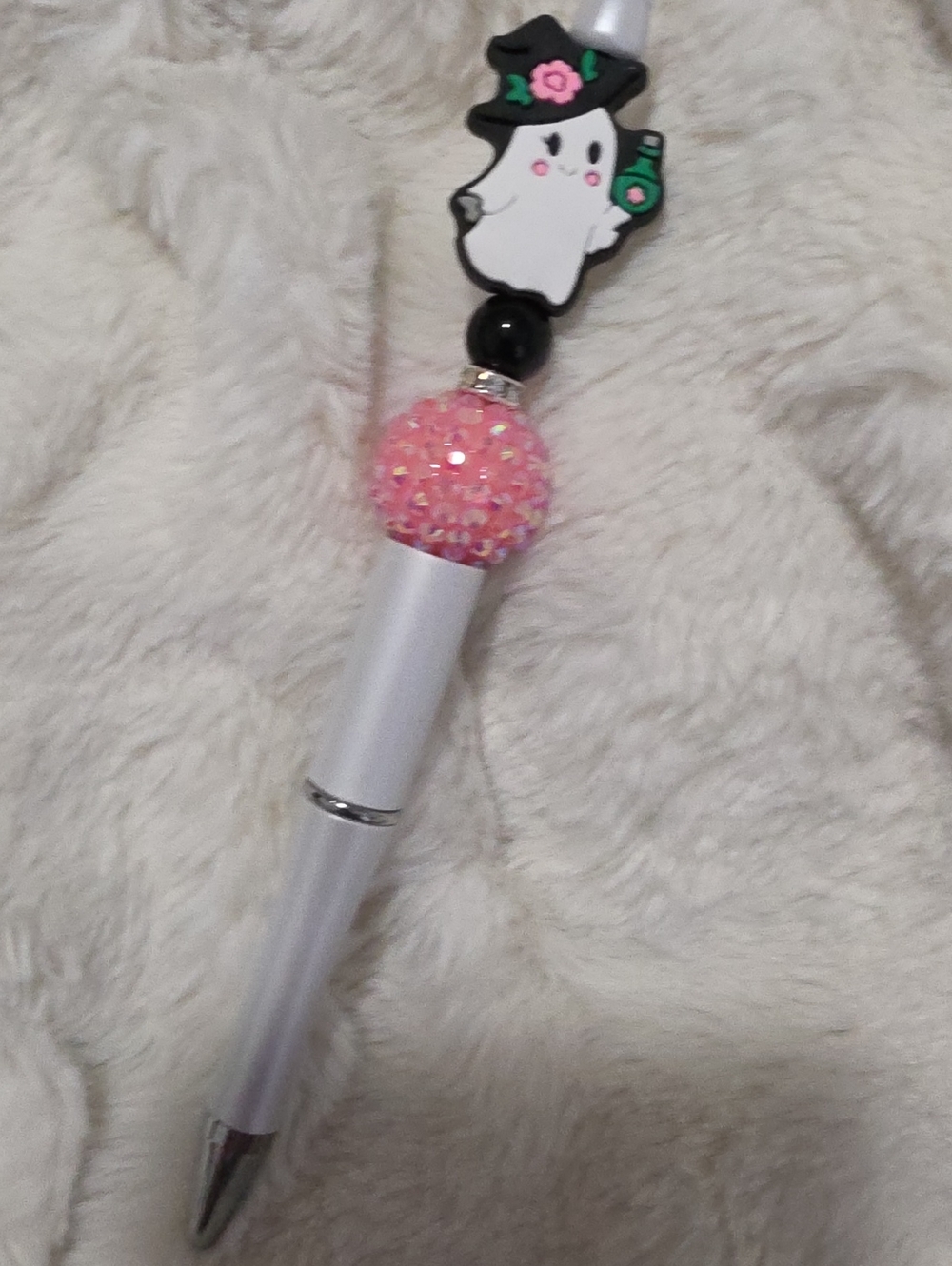Cute Pink Beaded Pen with Ghost Charm